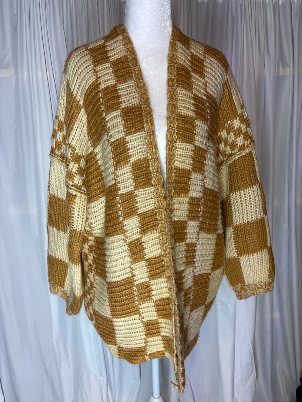 Altar'd State Women Cardigan M Camel/Cream Checkerboard Chunky Boho Cozy Loung